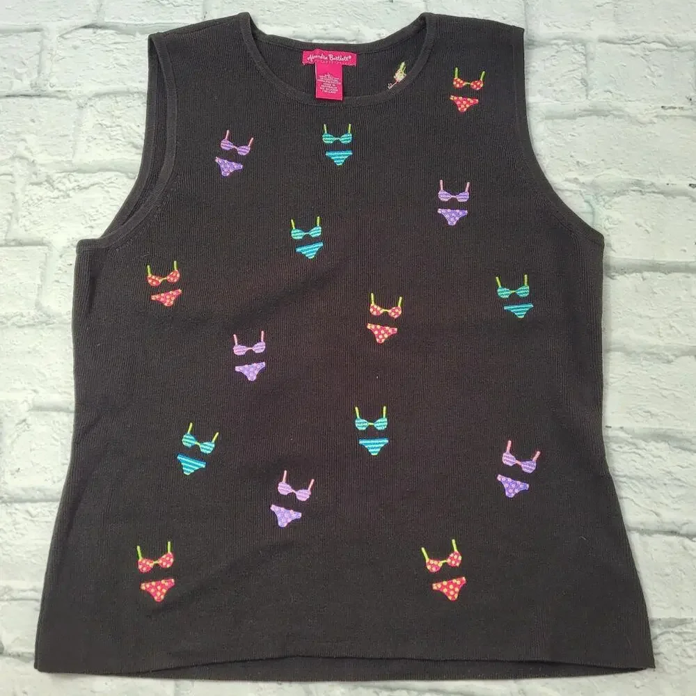 Alexandra Bartlett Black Sleeveless Multicolor Embroidered Bikini Sweater Large